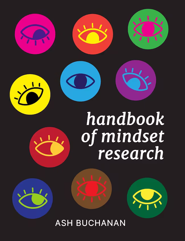Book cover for Handbook of Mindset Research by Ash Buchanan, with a grid of nine colorful eye icons
