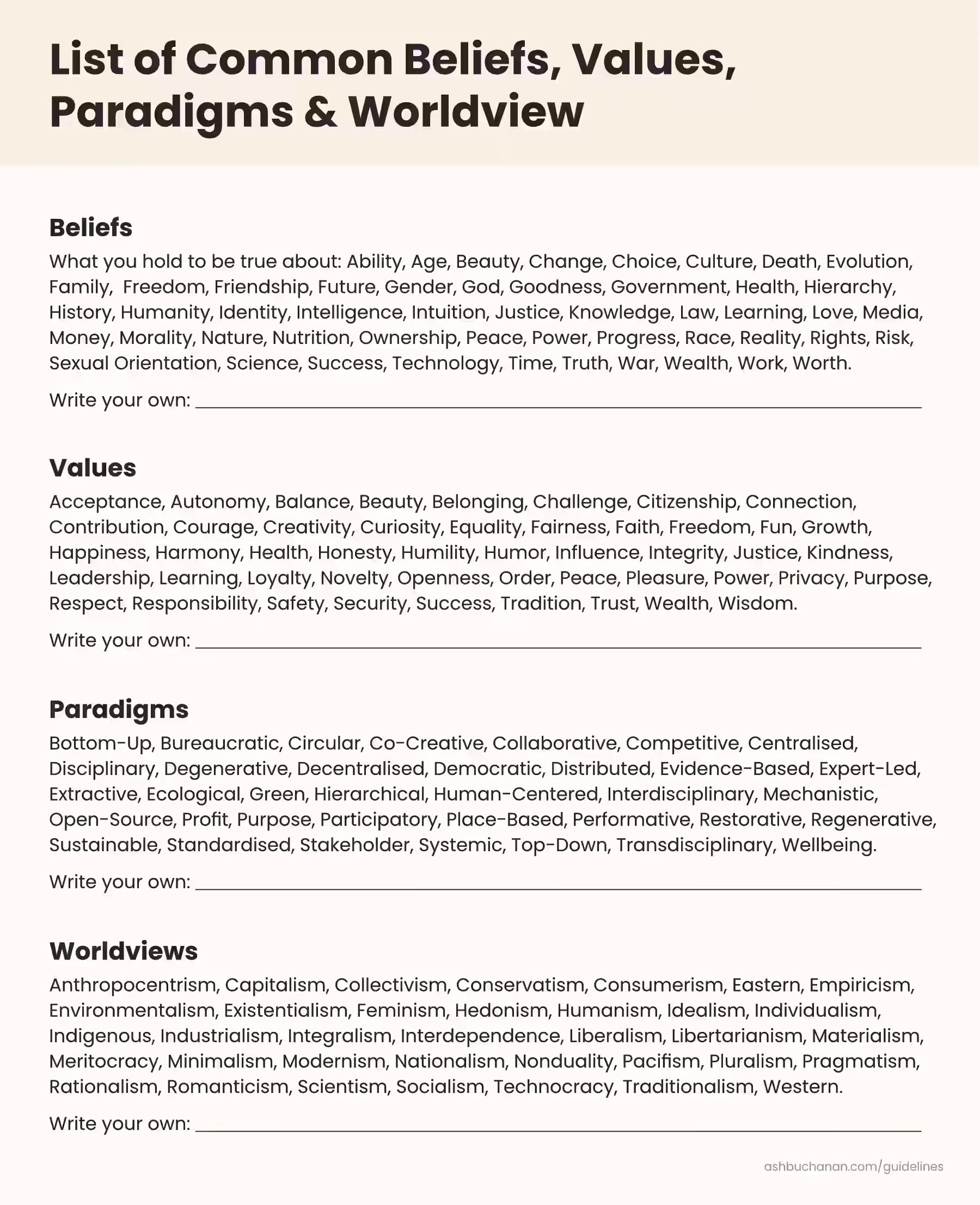 A list of common beliefs, values, paradigms & worldviews. There is a "Write your own" fill-in line.