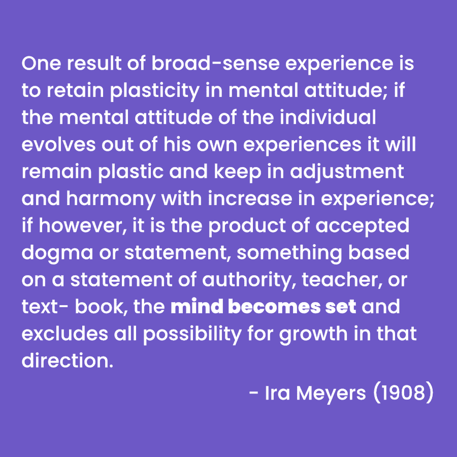 A quote on a muted purple background by Ira Meyers (1908)