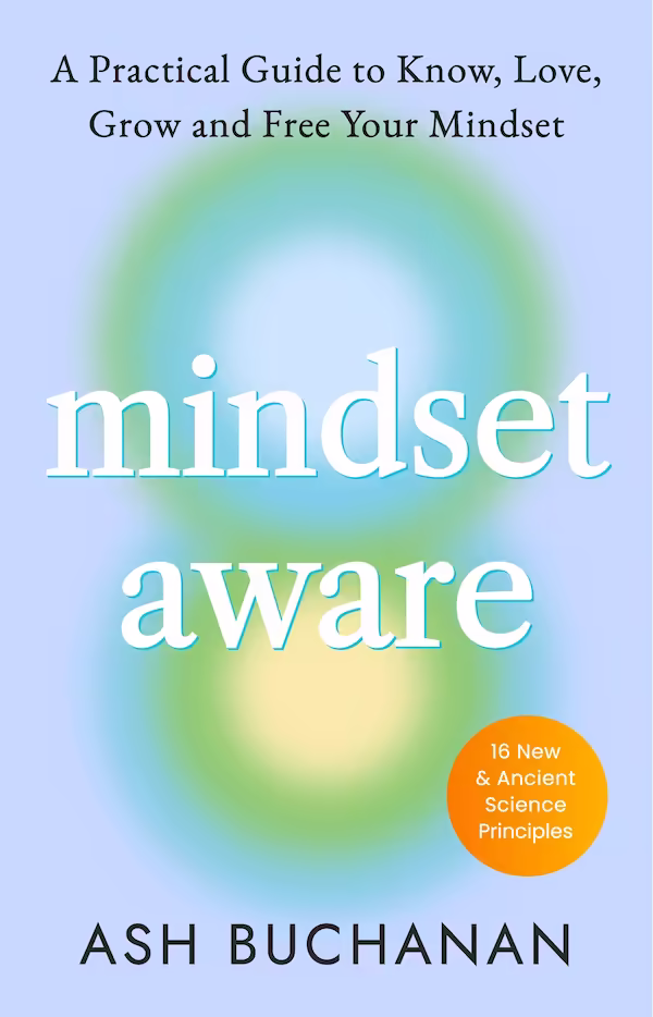 Book cover for Mindset Aware by Ash Buchanan, with overlapping teal and blue circles