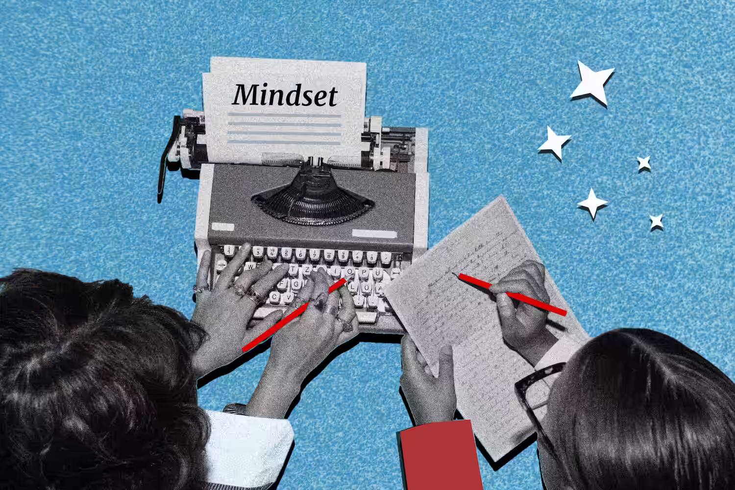 A collage of two people writing, one typing "Mindset" on a vintage typewriter, the other taking notes on a blue background.